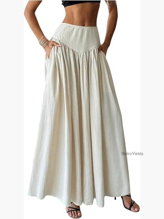 Dresses & Skirts - High Waist Pleated Flowy Maxi Skirt with Pockets